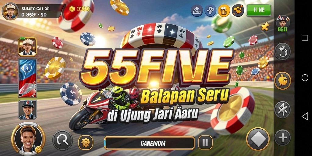Screenshot permainan 55FIVE menunjukkan aksi balapan mendebarkan di lintasan.