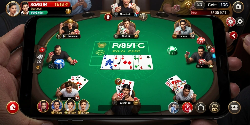 Screenshot gameplay 8G8G menampilkan suasana permainan Poker yang menarik.