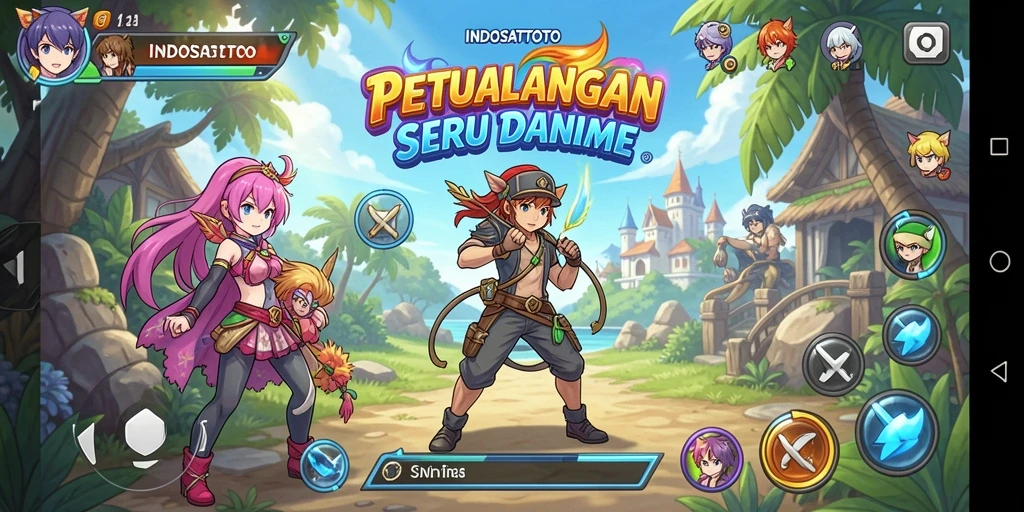 Screenshot gameplay INDOSATTOTO menampilkan pertempuran dinamis karakter anime.