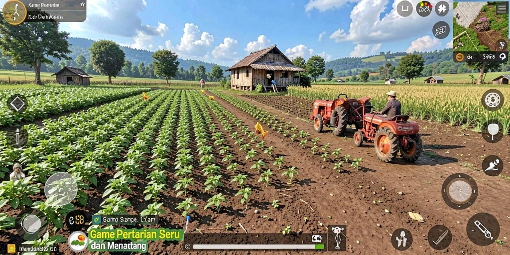Tampilan gameplay KAKRP menampilkan ladang pertanian yang indah dan penuh aktivitas.