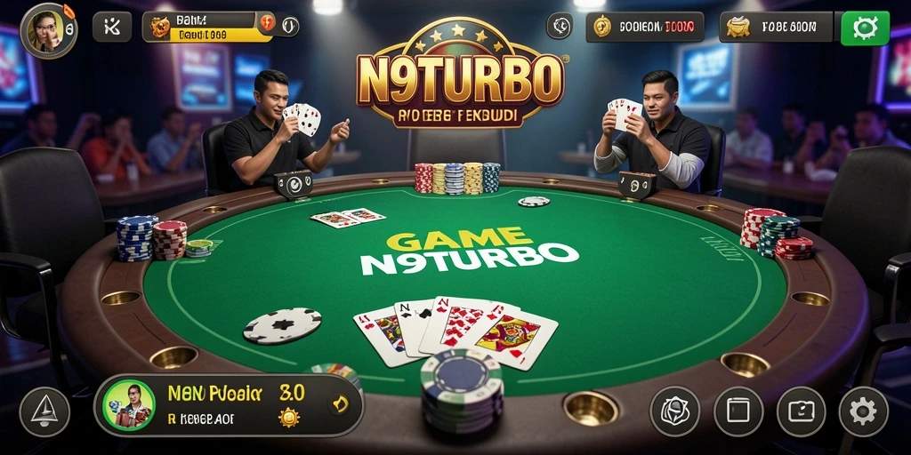 Screenshot N9TURBO menunjukkan gameplay Poker yang menarik dan kompetitif.