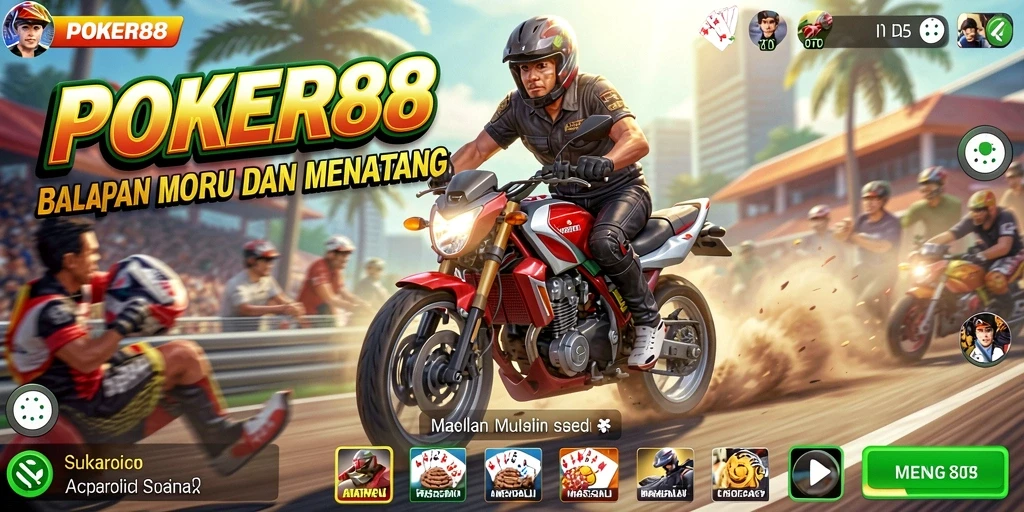 Screenshot gameplay POKER88 menunjukkan balapan motor yang mendebarkan.