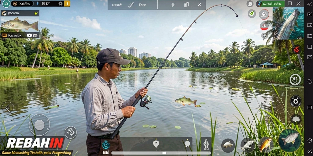 Tampilan gameplay REBAHIN dengan pemandangan alam dan aksi memancing.
