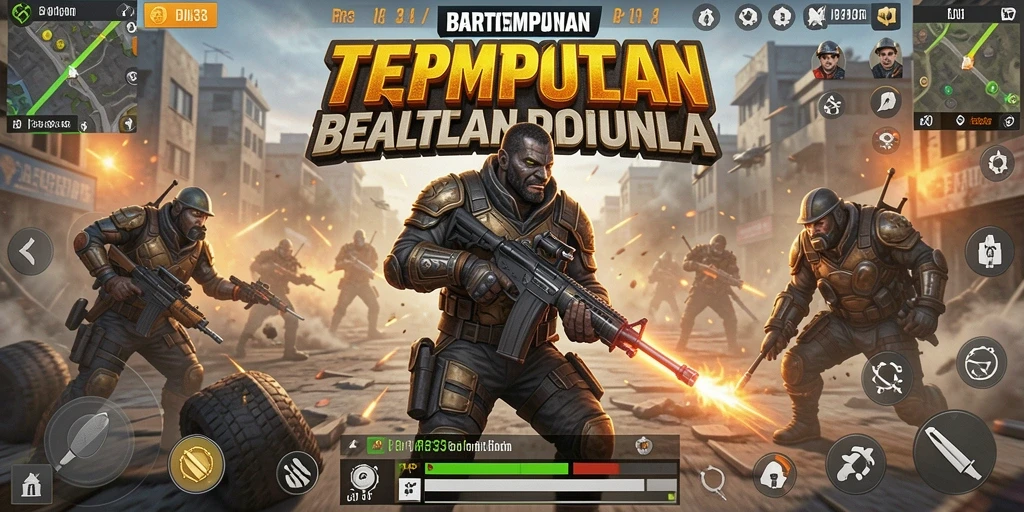 Screenshot utama menunjukkan aksi mendebarkan dalam gameplay Battle Royale.