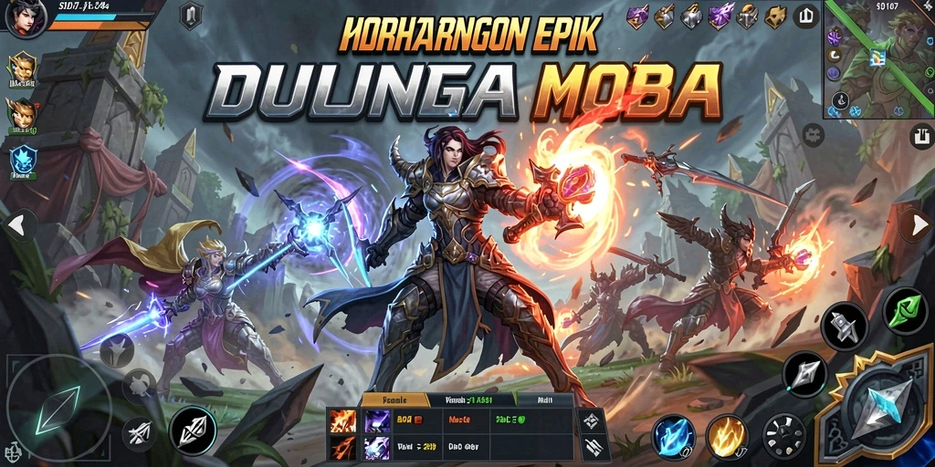 Menampilkan pertempuran seru dan strategi gameplay MOBA.