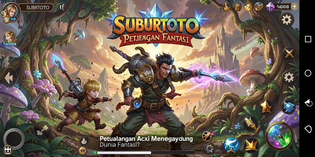 Screenshot gameplay SUBURTOTO dengan aksi seru dan karakter menonjol.
