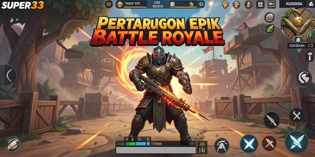 Screenshot utama SUPER33 menampilkan aksi intens dalam pertempuran Battle Royale.